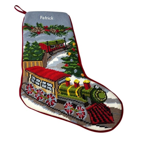 Vintage LL Bean Needlepoint Train "Patrick" Embroidered Christmas Stocking 16" - Picture 2 of 7